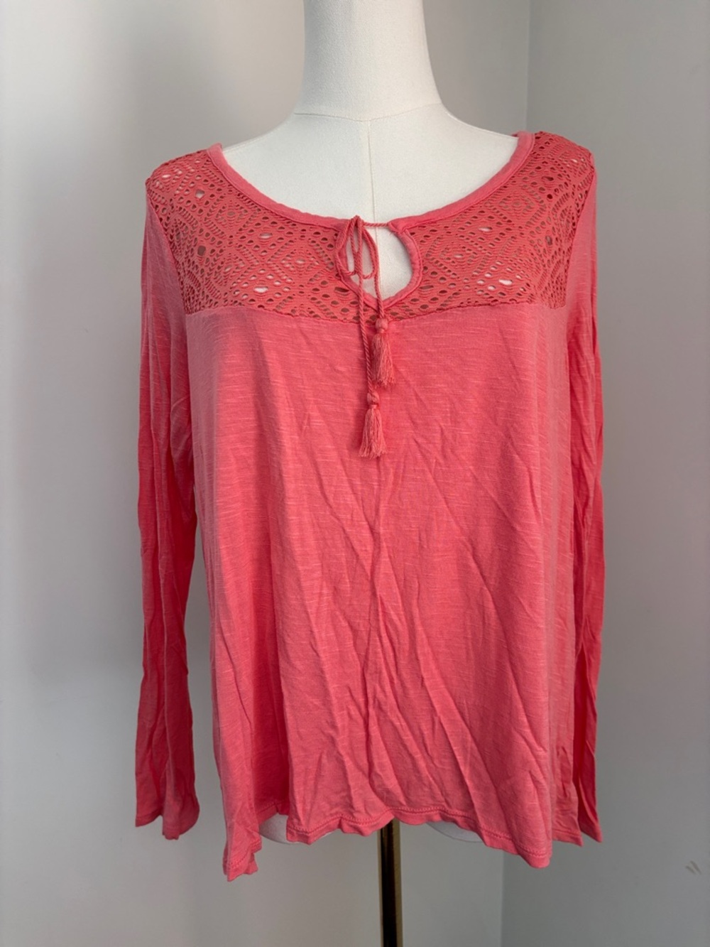 Cape Juby Coral Crochet Yoke Tassel Long Sleeve Top